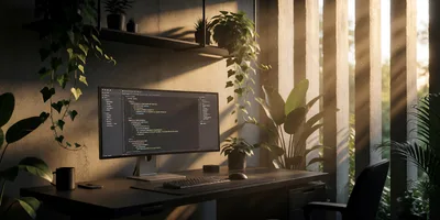 Modern Home Office Workspace With Coding Monitor