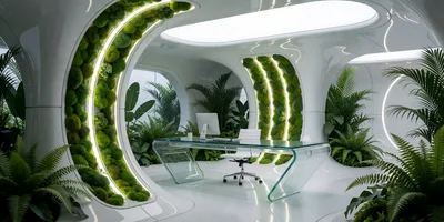 Futuristic Office Interior With Biophilic Design Elements