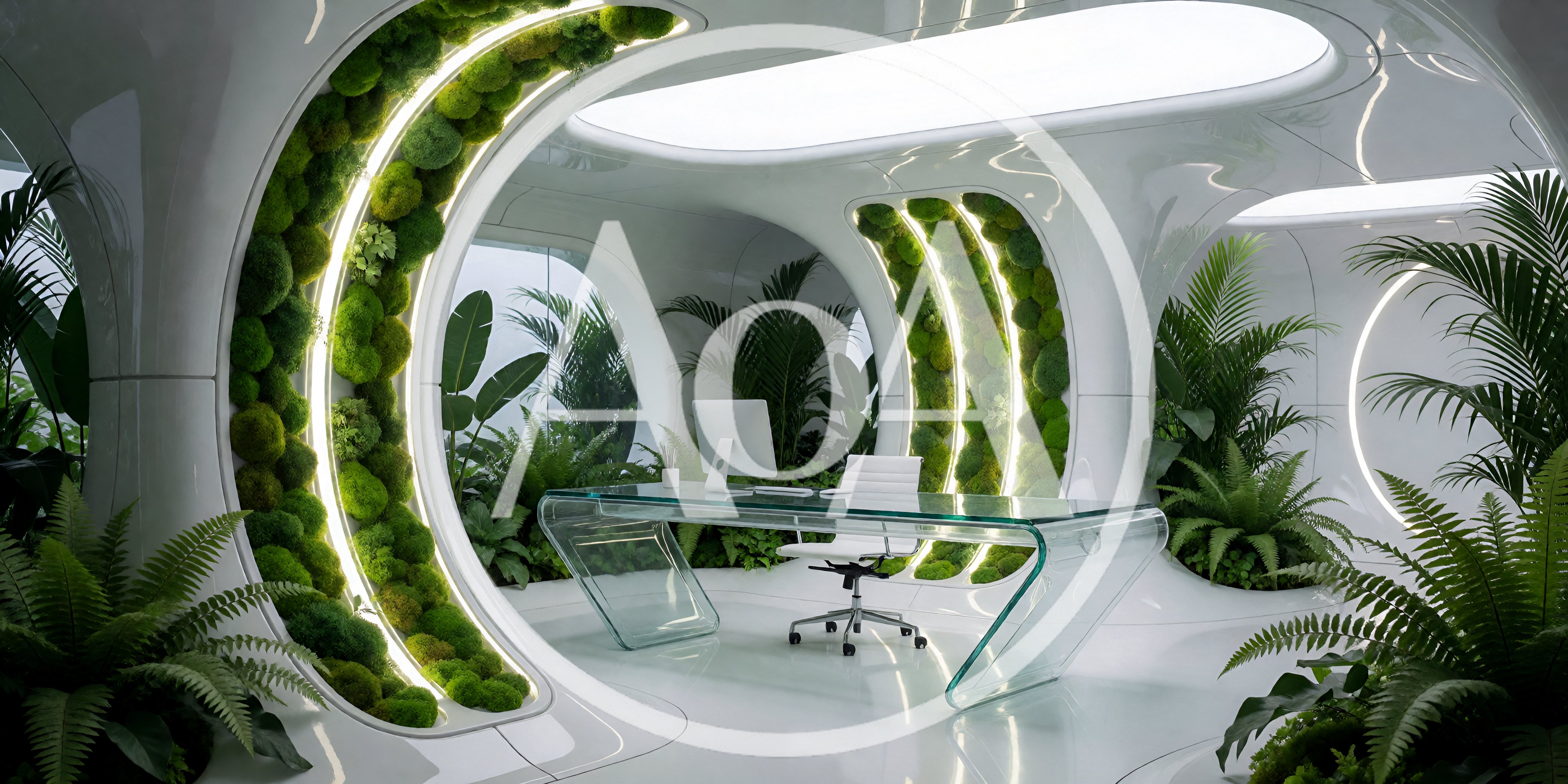Futuristic Office Interior With Biophilic Design Elements