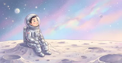 Cute Cartoon Astronaut Sitting On The Moon Surface