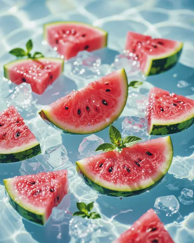 Watermelon Slices Floating In Refreshing Iced Water