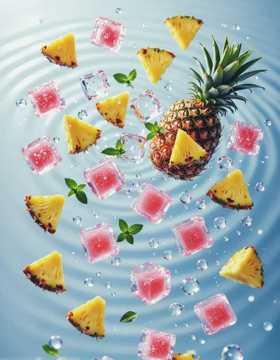 Pineapple Slices and Pink Ice Cubes Floating in Water
