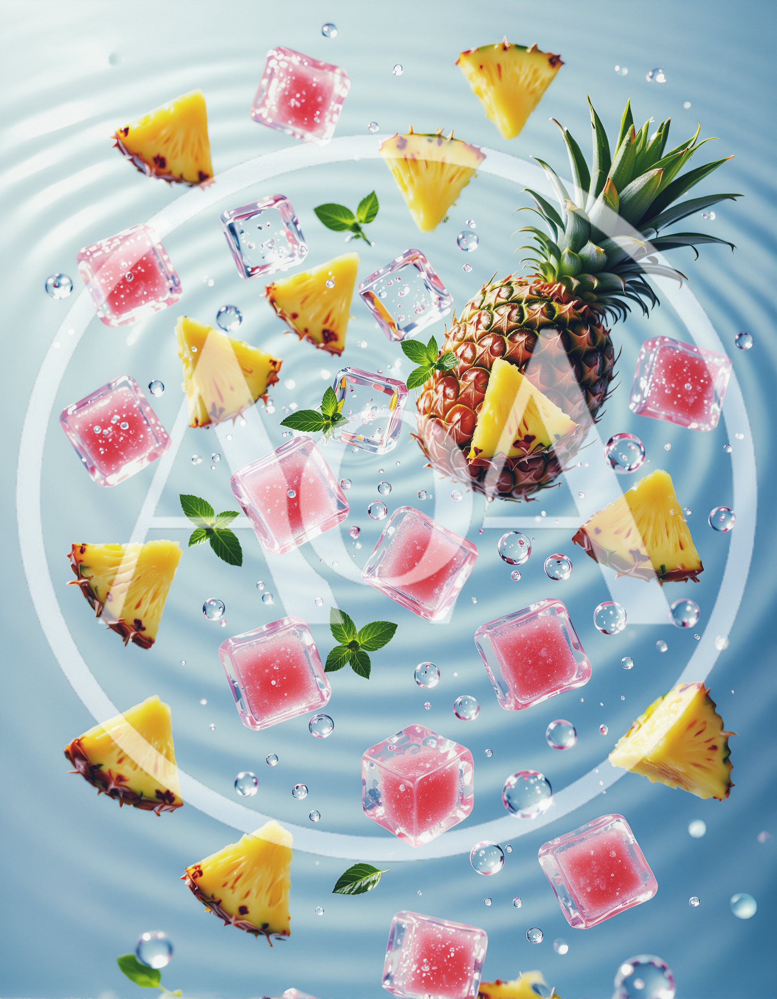 Pineapple Slices and Pink Ice Cubes Floating in Water