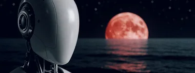 Futuristic Robot Observing A Red Moon Over The Ocean