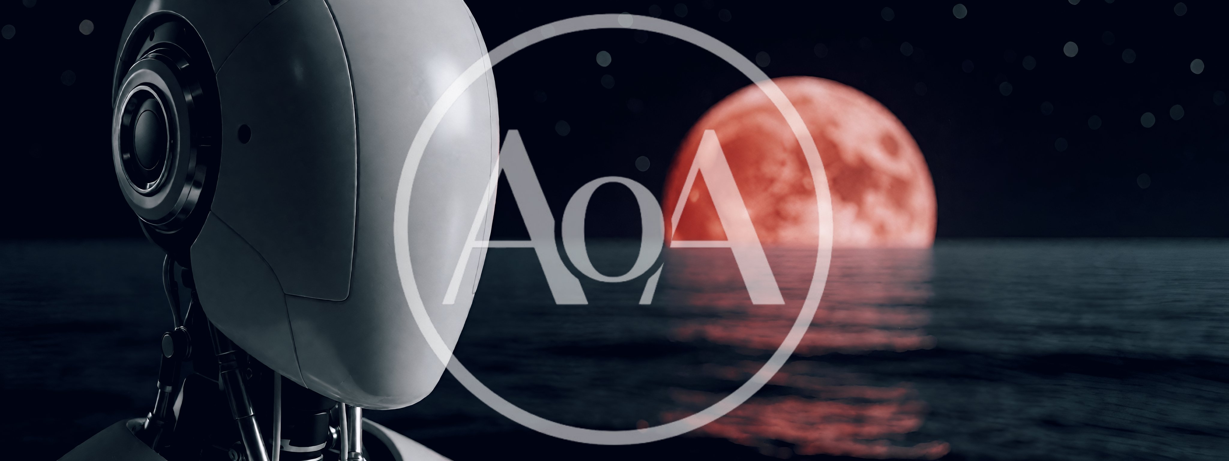 Futuristic Robot Observing A Red Moon Over The Ocean