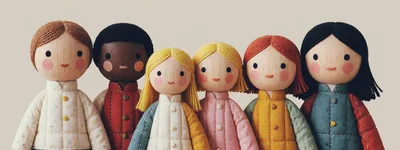 Six Wooden Dolls With Yarn Hair Standing Together