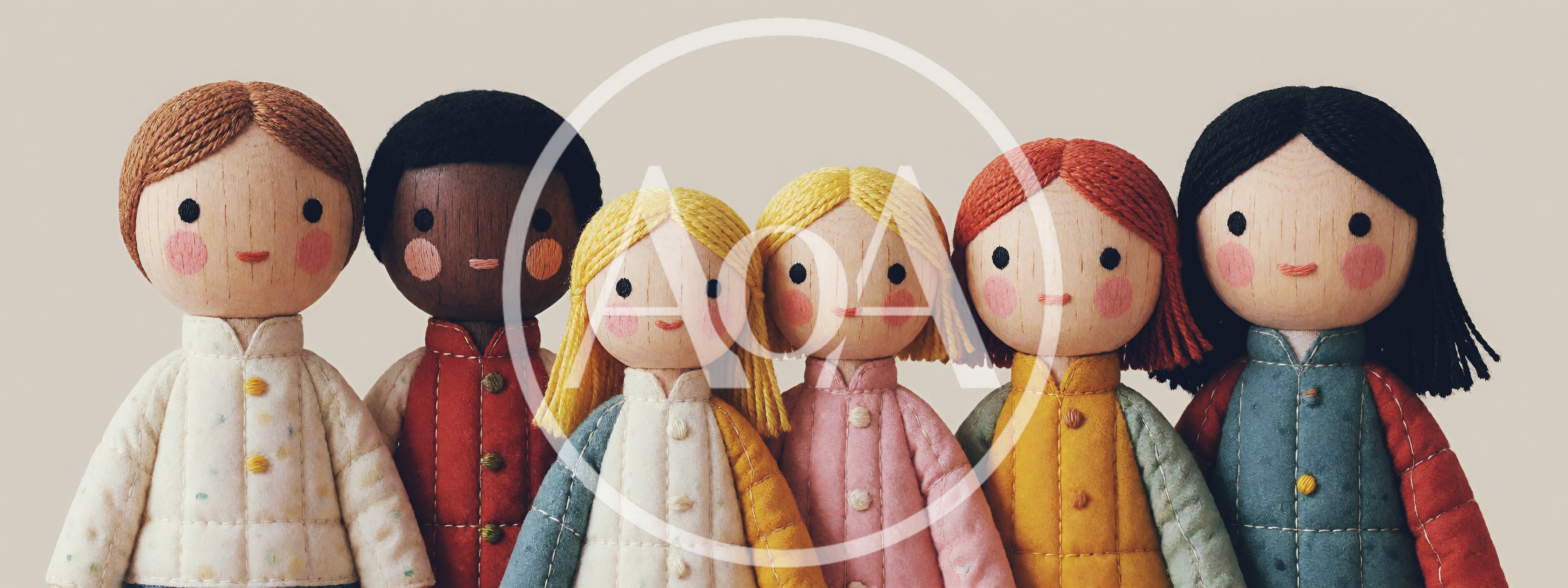 Six Wooden Dolls With Yarn Hair Standing Together