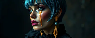 Portrait Of A Woman With Blue Hair And Tears