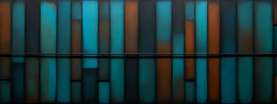 Abstract Metal Wall With Vertical Teal And Rust Panels