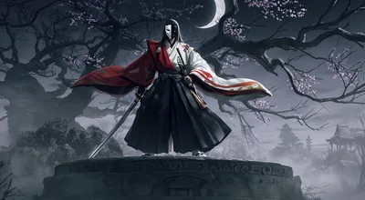Samurai Warrior With Mask Standing Under Moonlight