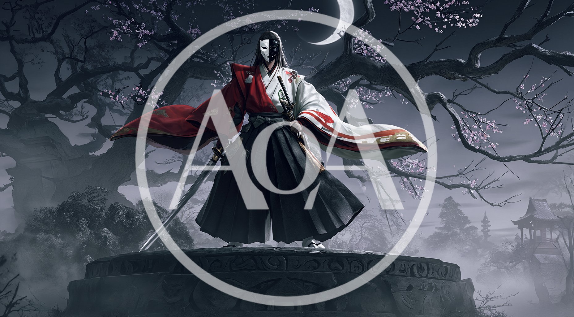 Samurai Warrior With Mask Standing Under Moonlight