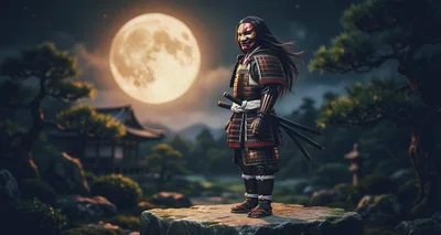 Samurai Warrior Standing On Rock Under Full Moon