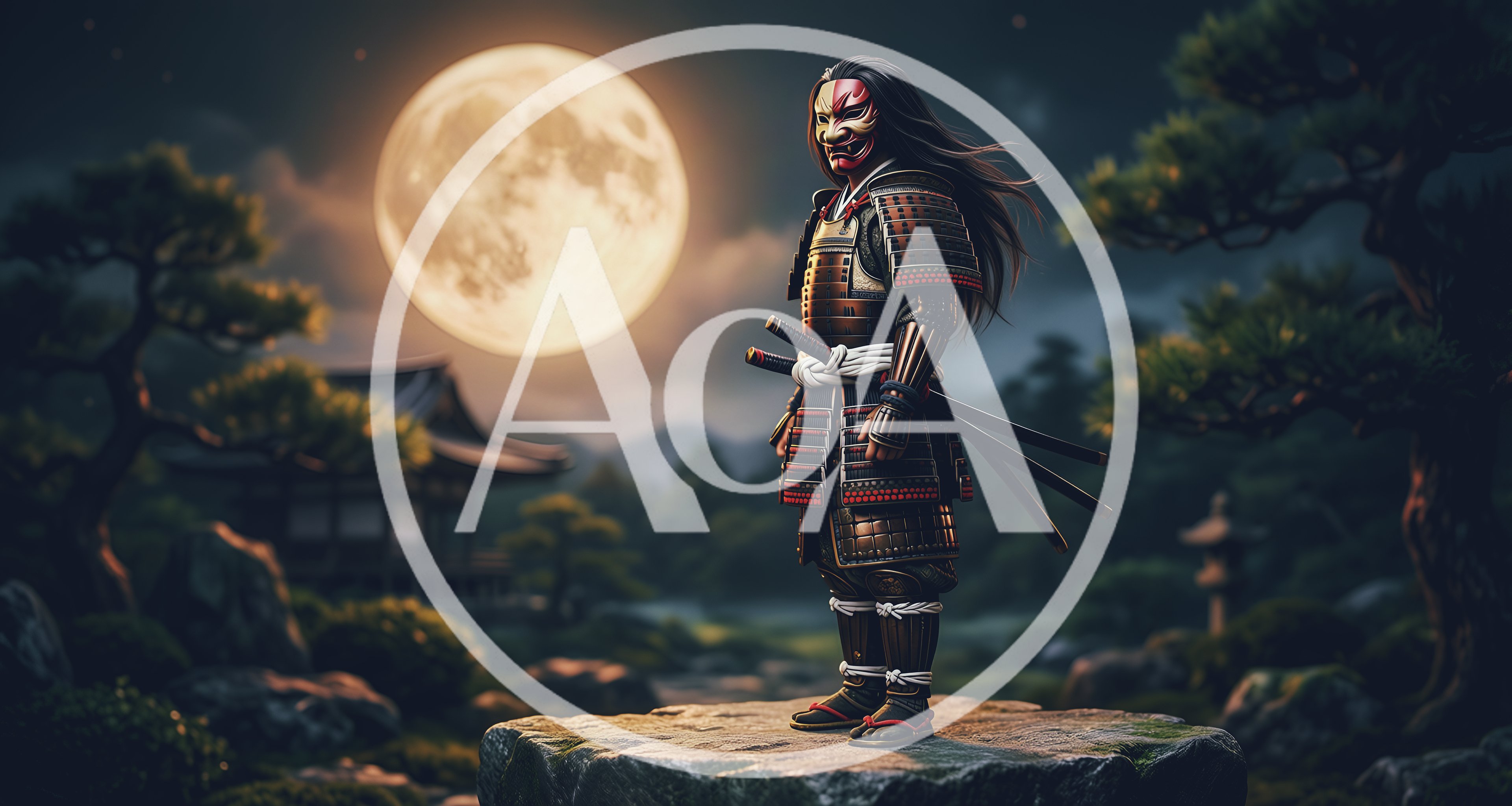 Samurai Warrior Standing On Rock Under Full Moon