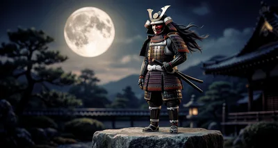 Samurai Warrior Standing On Rock Under Full Moon