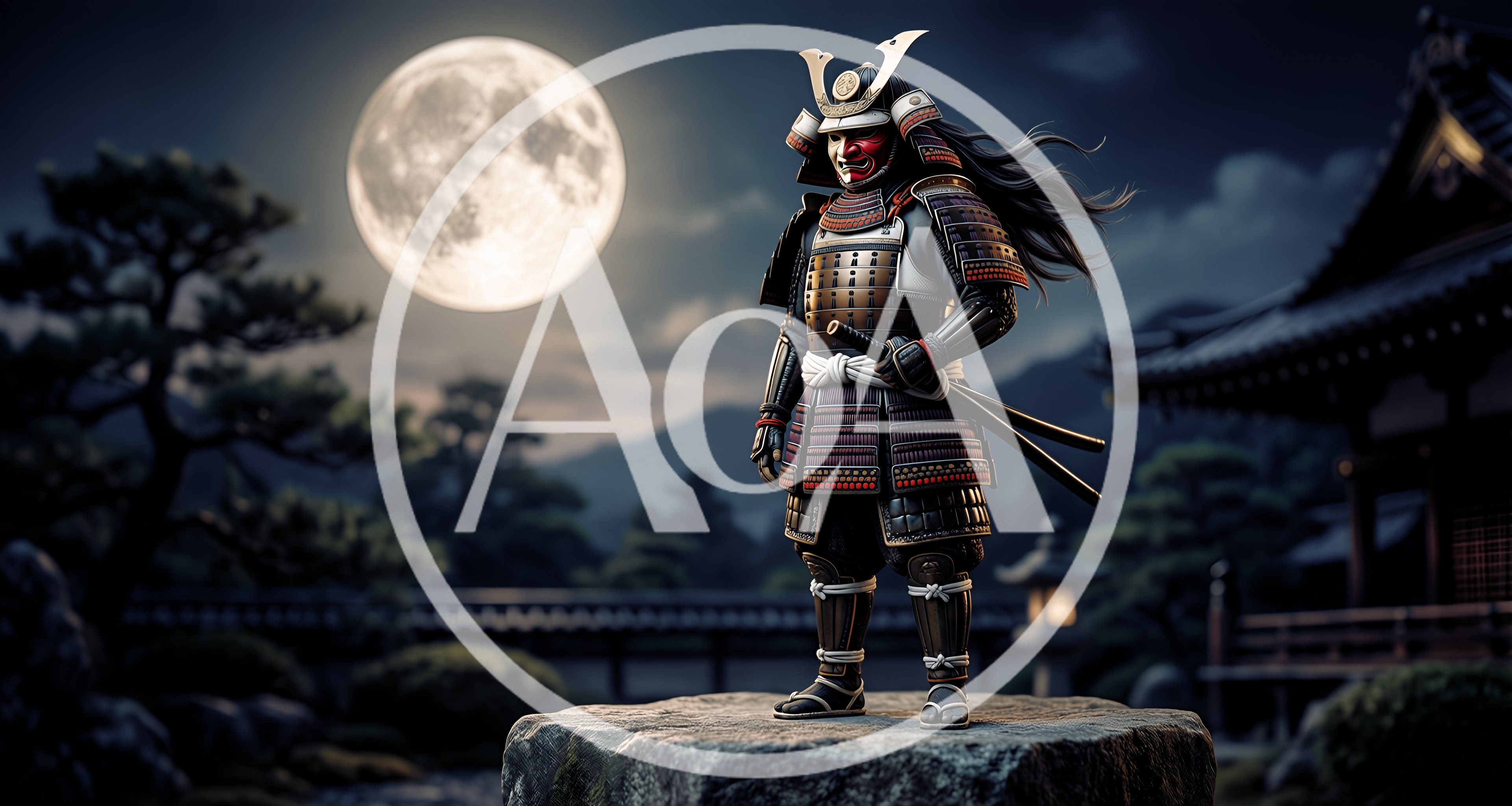 Samurai Warrior Standing On Rock Under Full Moon