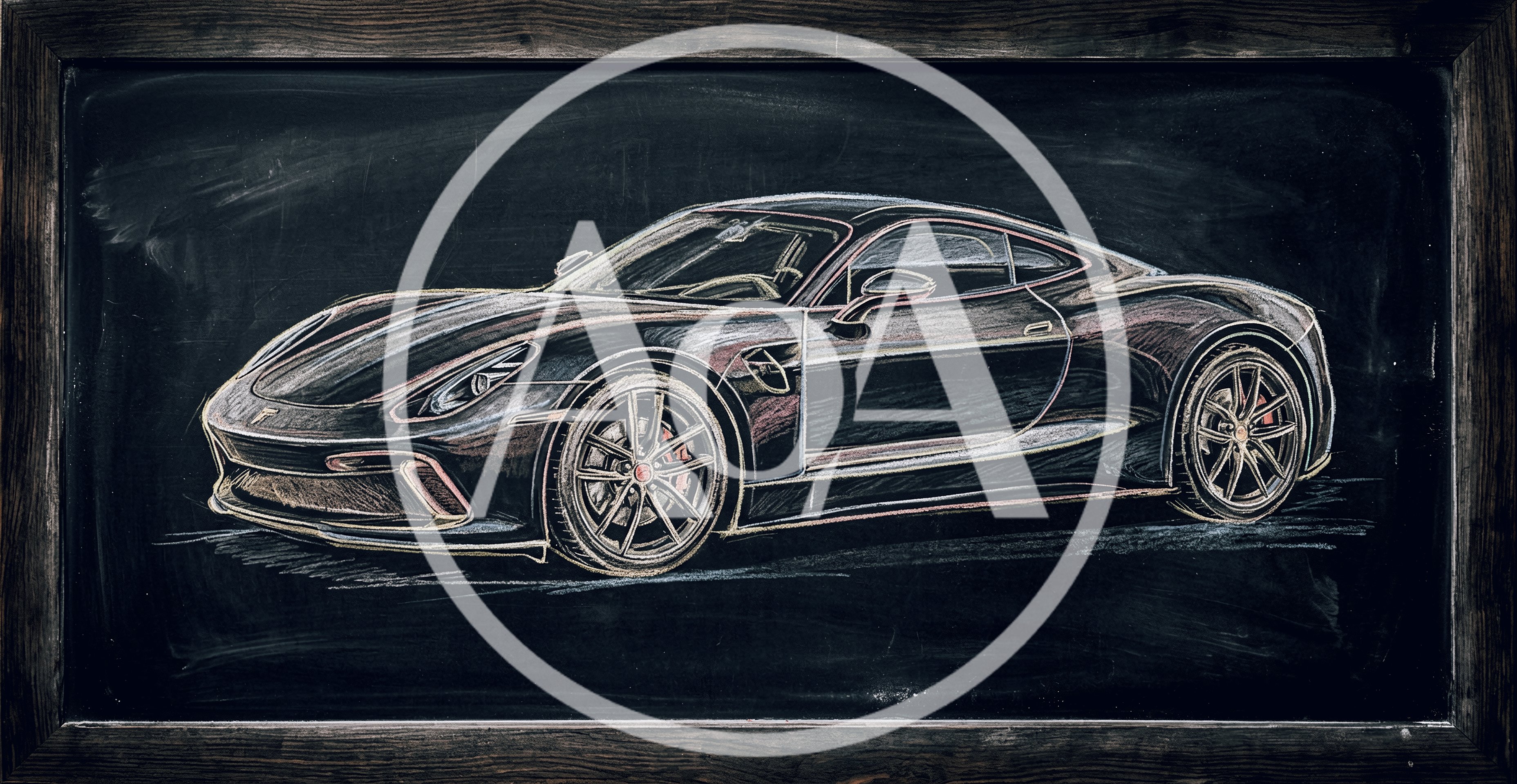 Chalk Drawing Of A Sports Car On Blackboard