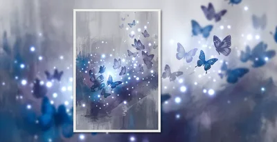 Abstract Digital Art With Blue Butterflies And Glowing Lights
