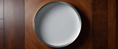 Circular Metal Frame Embedded In Polished Wooden Wall