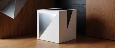 Minimalist White Cube Sculpture With Metallic Geometric Inlay