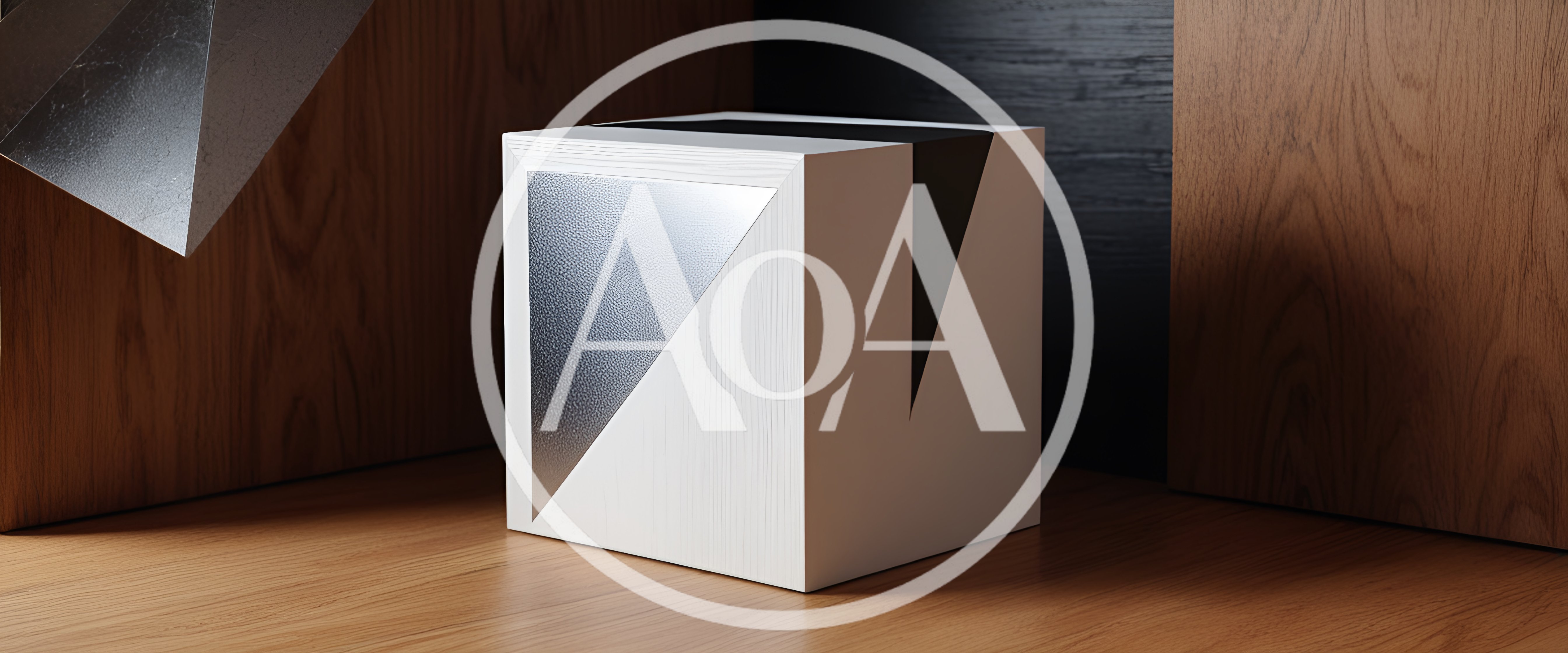 Minimalist White Cube Sculpture With Metallic Geometric Inlay