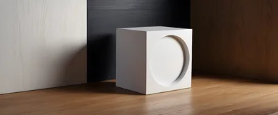 Minimalist White Cube With Circular Recess On Wooden Floor