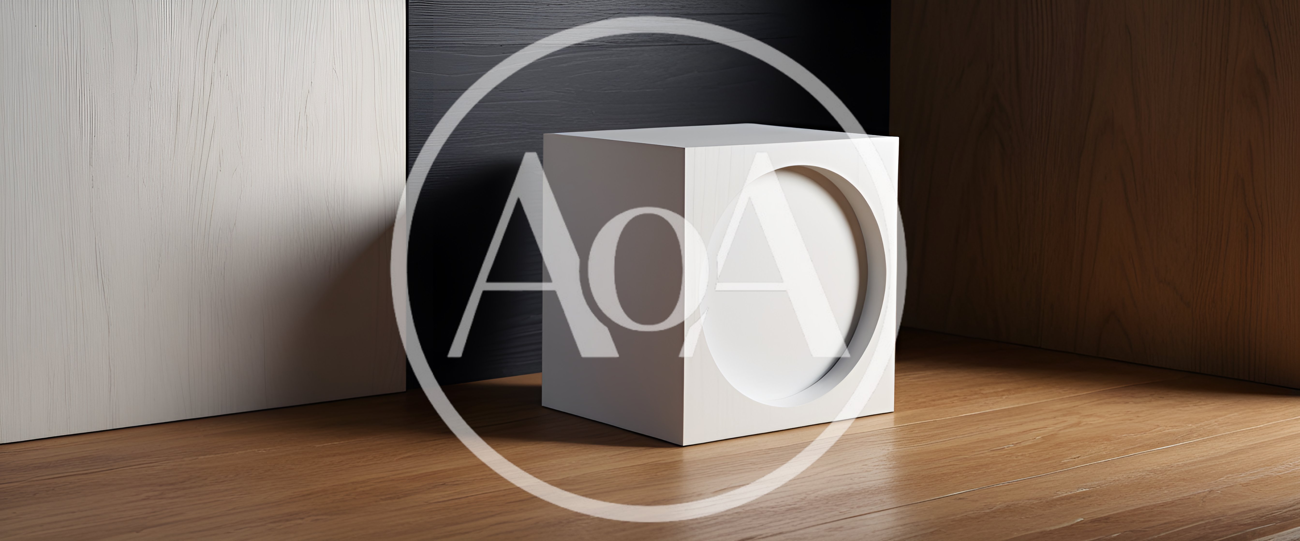 Minimalist White Cube With Circular Recess On Wooden Floor