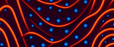 Abstract Neon Orange Waves And Glowing Blue Spheres