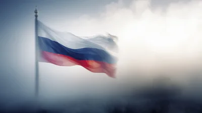 Russian Flag Waving In Thick Fog