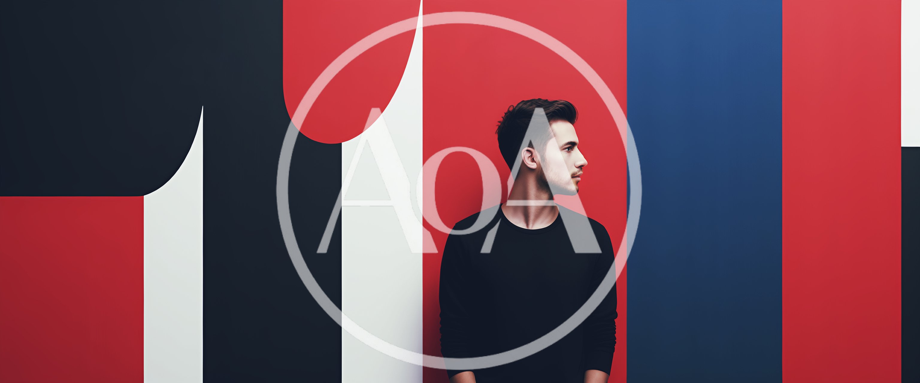 Young Man Standing Against Abstract Geometric Wall