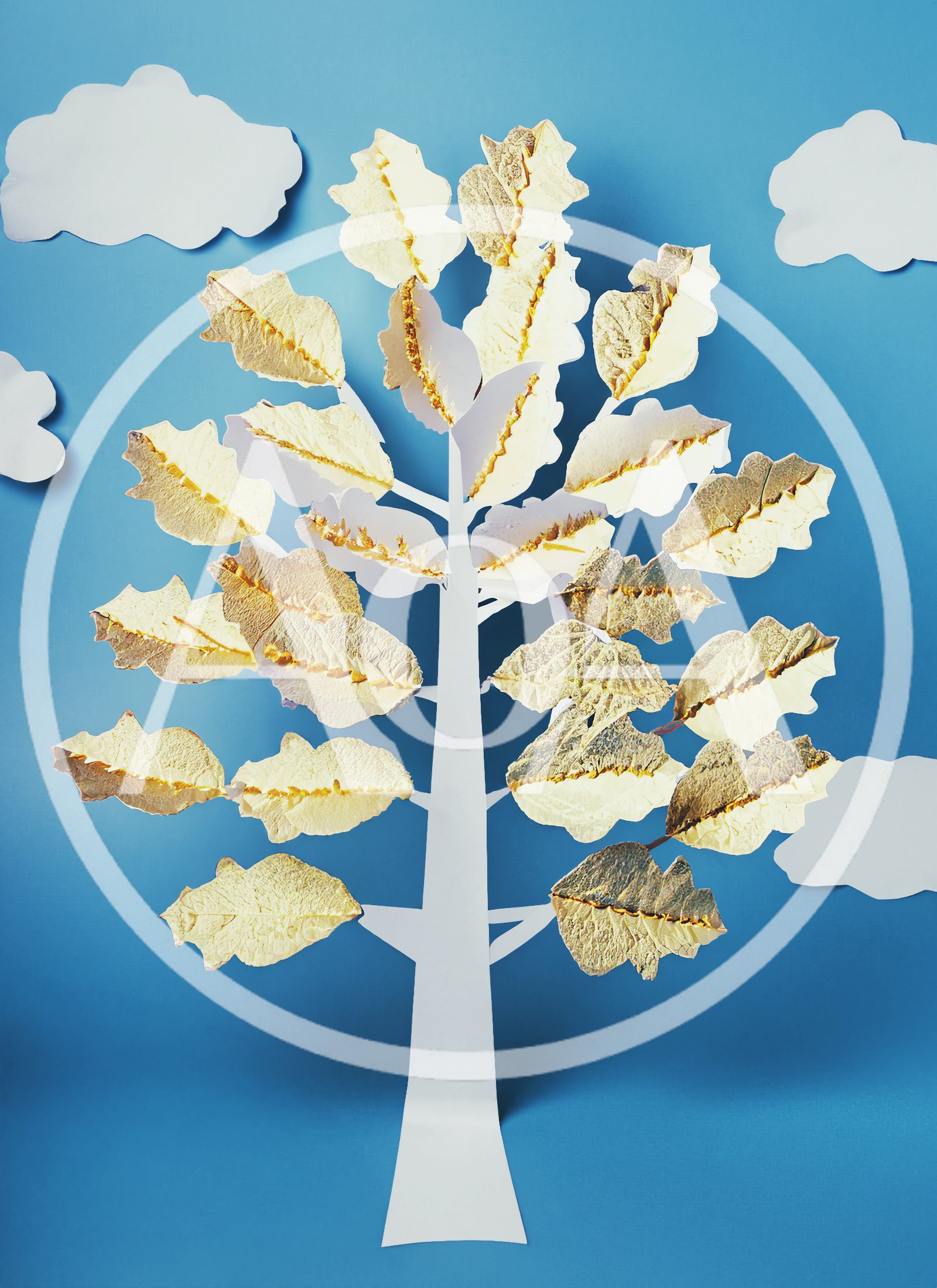 Paper Craft Tree With Textured Leaves On Blue Background