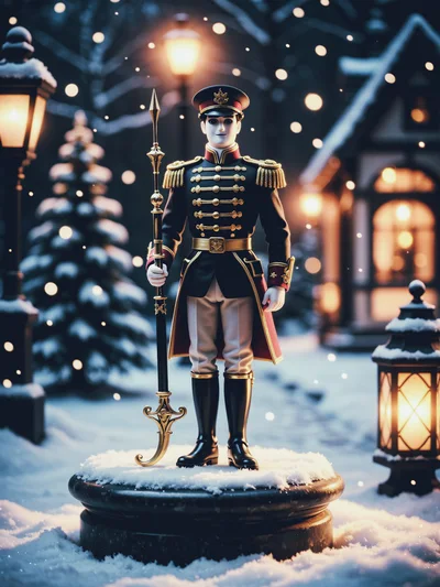 Nutcracker Soldier Figurine Standing In Snowy Winter Setting