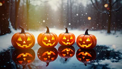 Four Glowing Jack O Lanterns In Snowy Forest