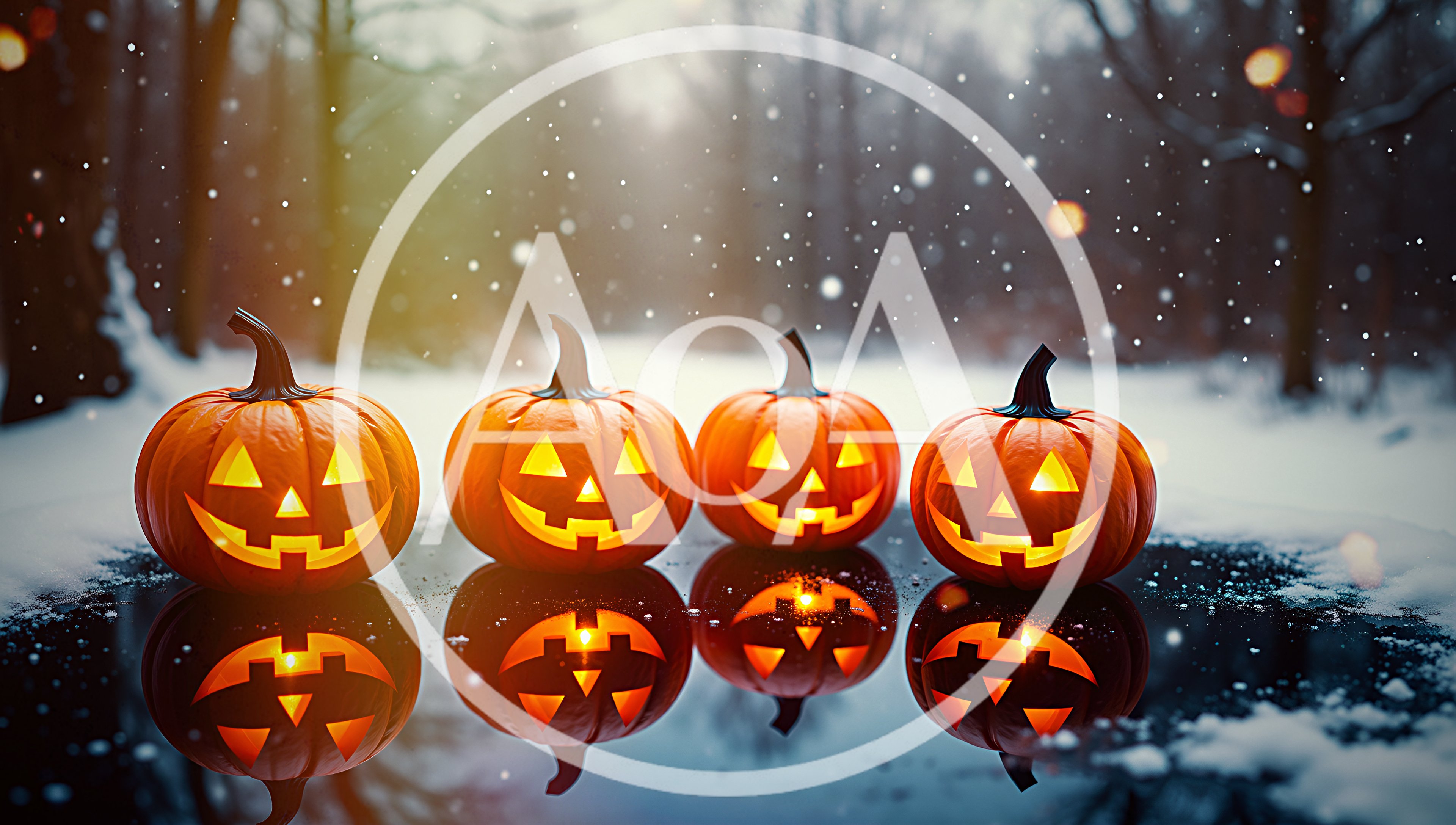 Four Glowing Jack O Lanterns In Snowy Forest
