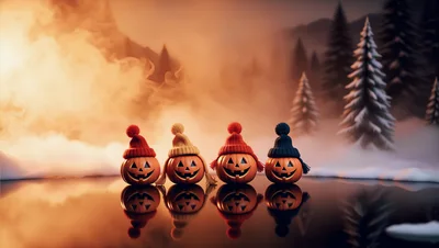 Four Jack O Lanterns Wearing Winter Hats