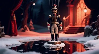 Marionette Soldier Standing On Frozen Pond In Winter