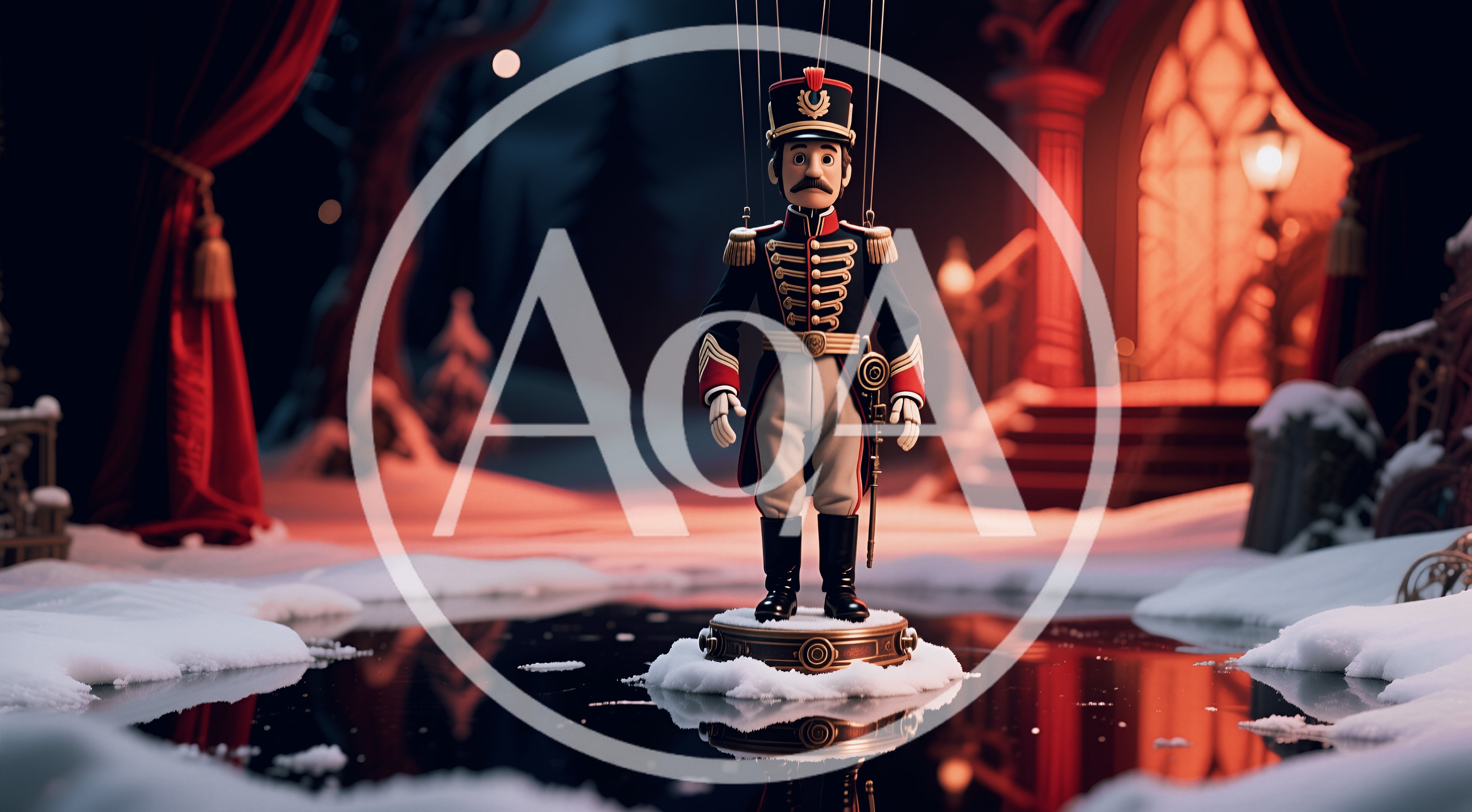 Marionette Soldier Standing On Frozen Pond In Winter