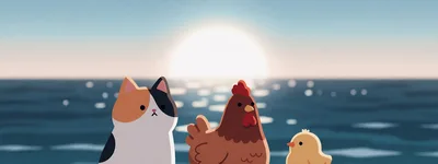 Calico Cat Hen and Chick Standing by the Ocean