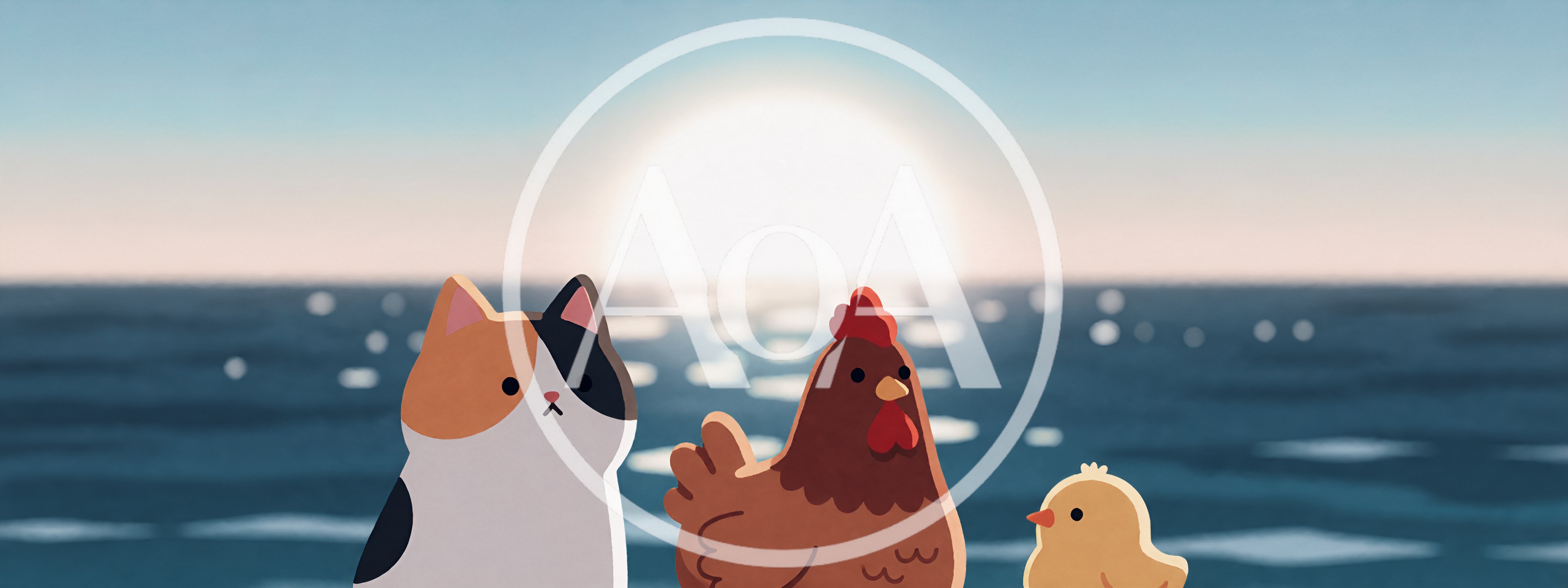 Calico Cat Hen and Chick Standing by the Ocean