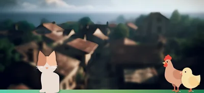 Cartoon Cat And Chickens Overlooking A Blurred Village
