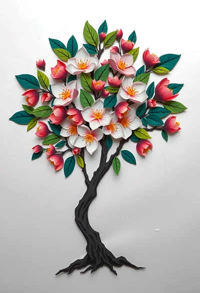 Paper Cutout Style Flowering Tree Illustration