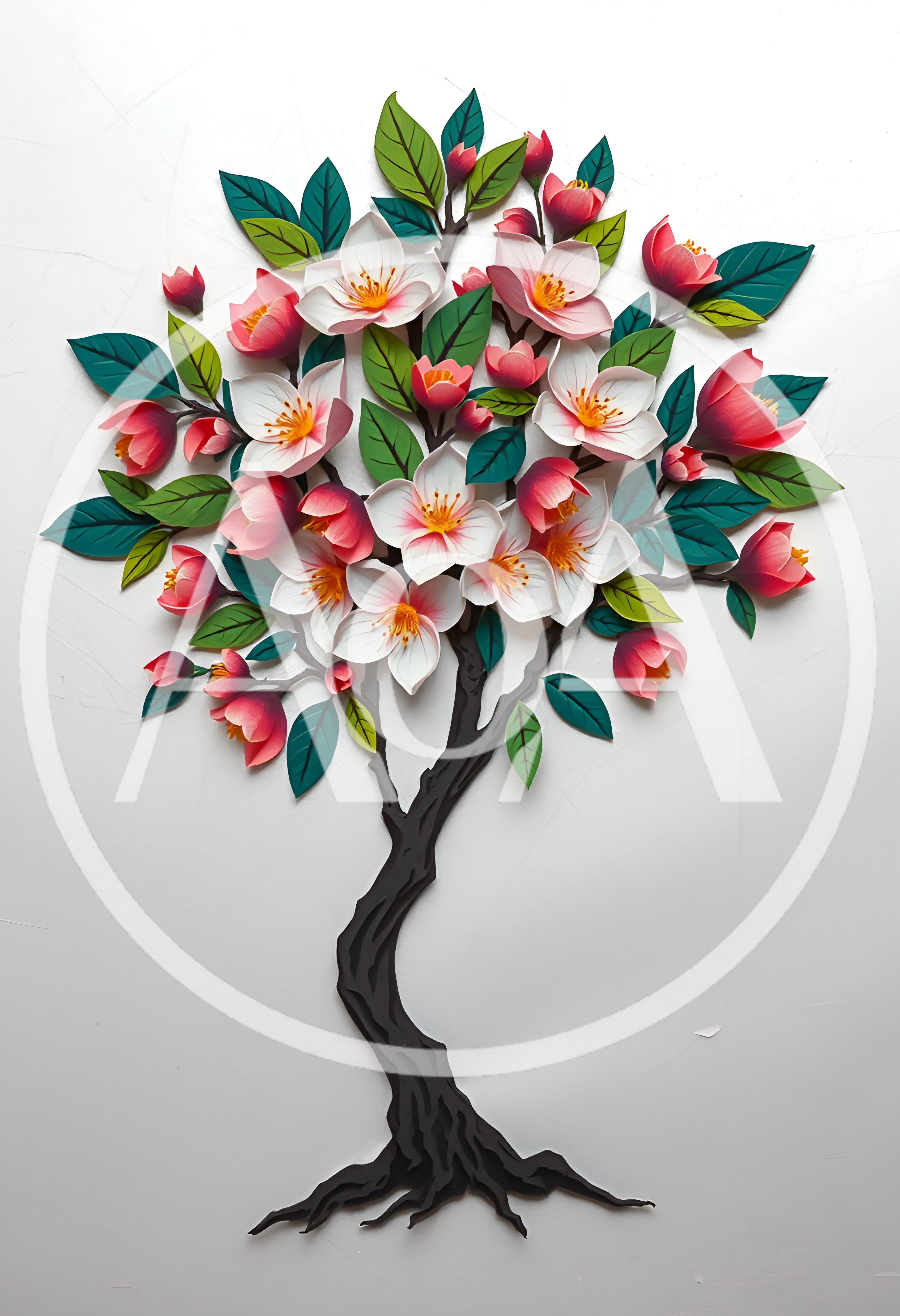 Paper Cutout Style Flowering Tree Illustration