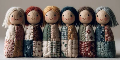 Six Handmade Wooden Peg Dolls With Fabric Clothing