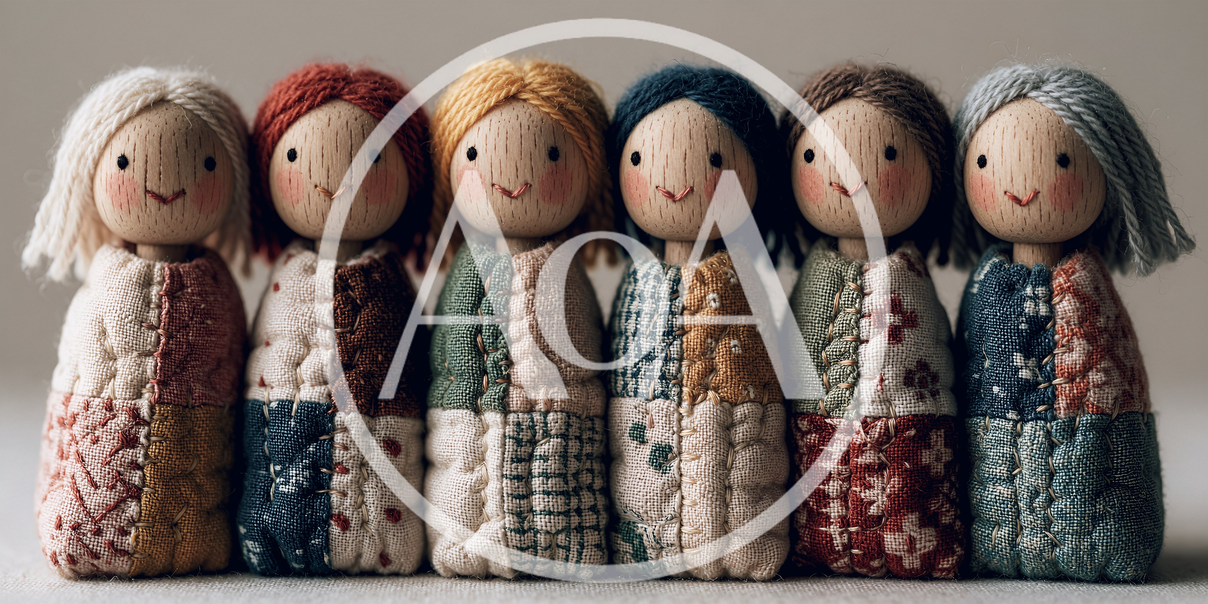 Six Handmade Wooden Peg Dolls With Fabric Clothing