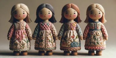 Four Handcrafted Wooden Dolls With Embroidered Dresses