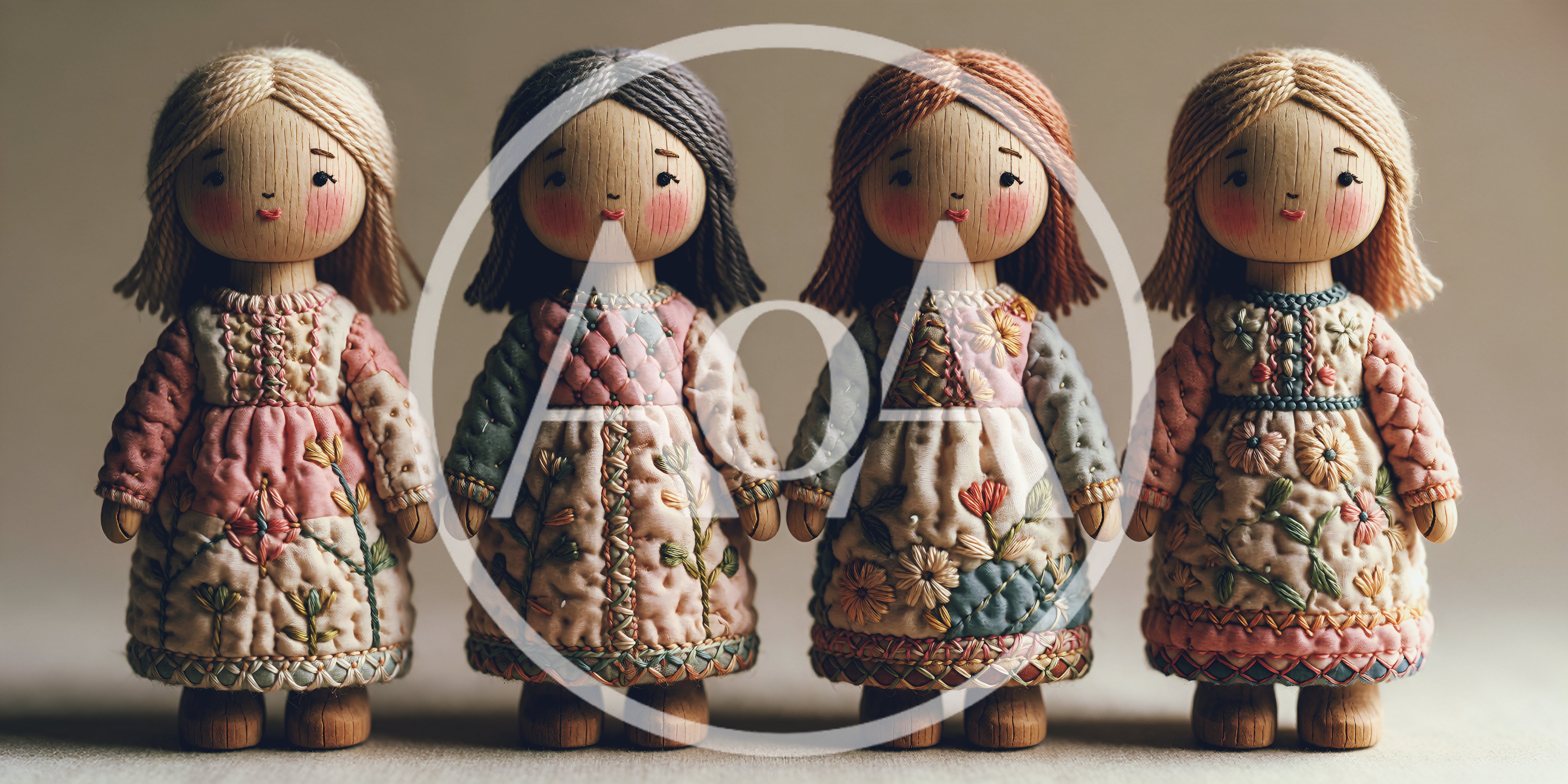 Four Handcrafted Wooden Dolls With Embroidered Dresses