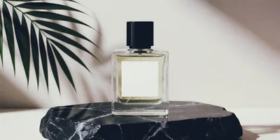 Perfume Bottle on a Black Marble Pedestal