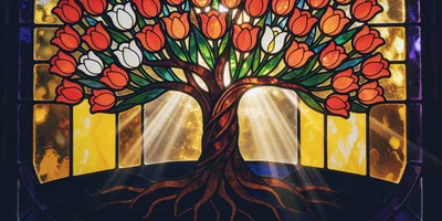 Stained Glass Tree With Tulips And Radiant Light