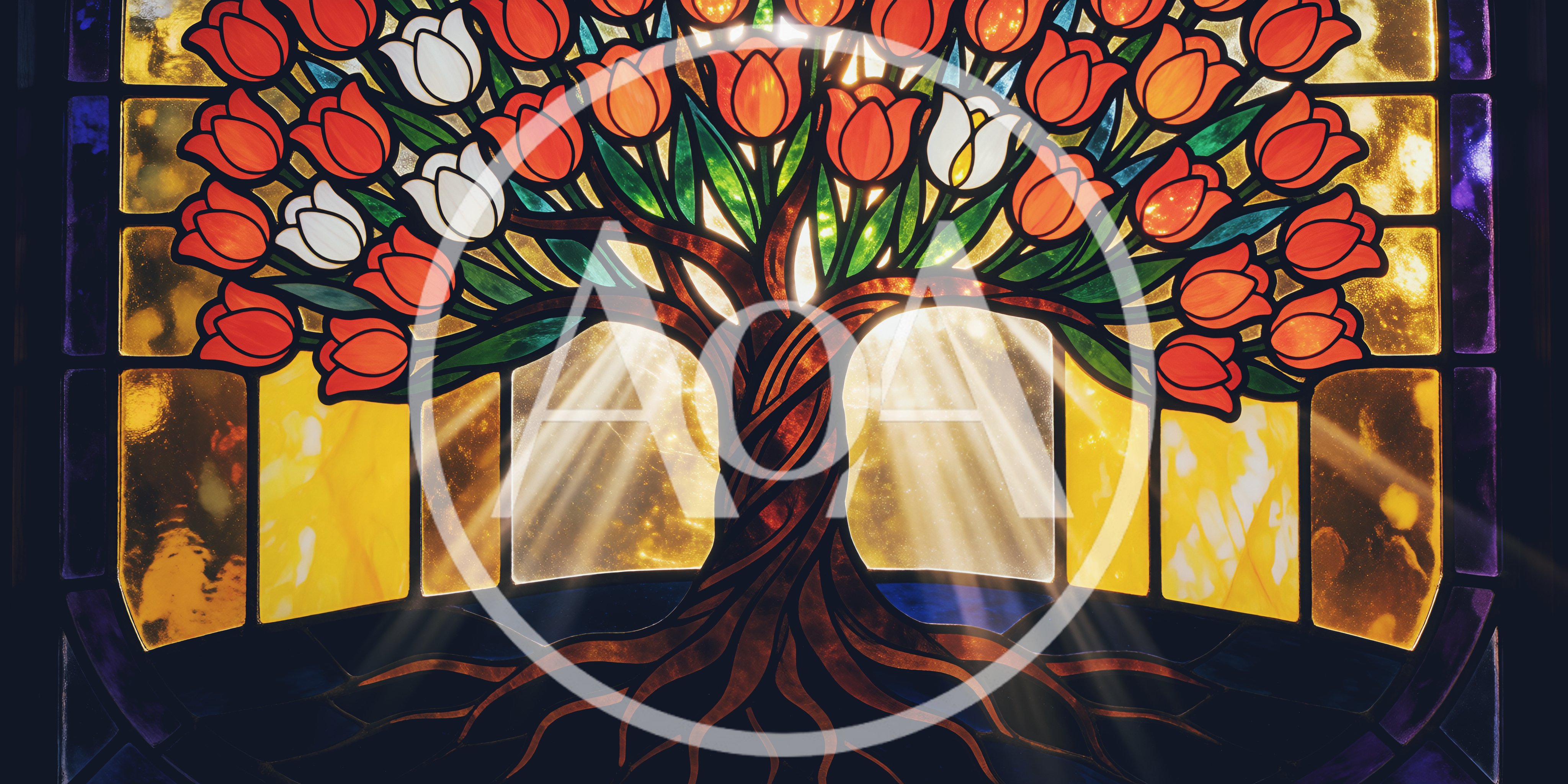 Stained Glass Tree With Tulips And Radiant Light