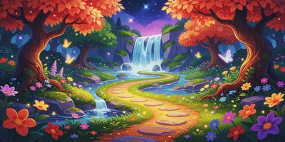 Enchanted Forest Path With Waterfall And Glowing Butterflies