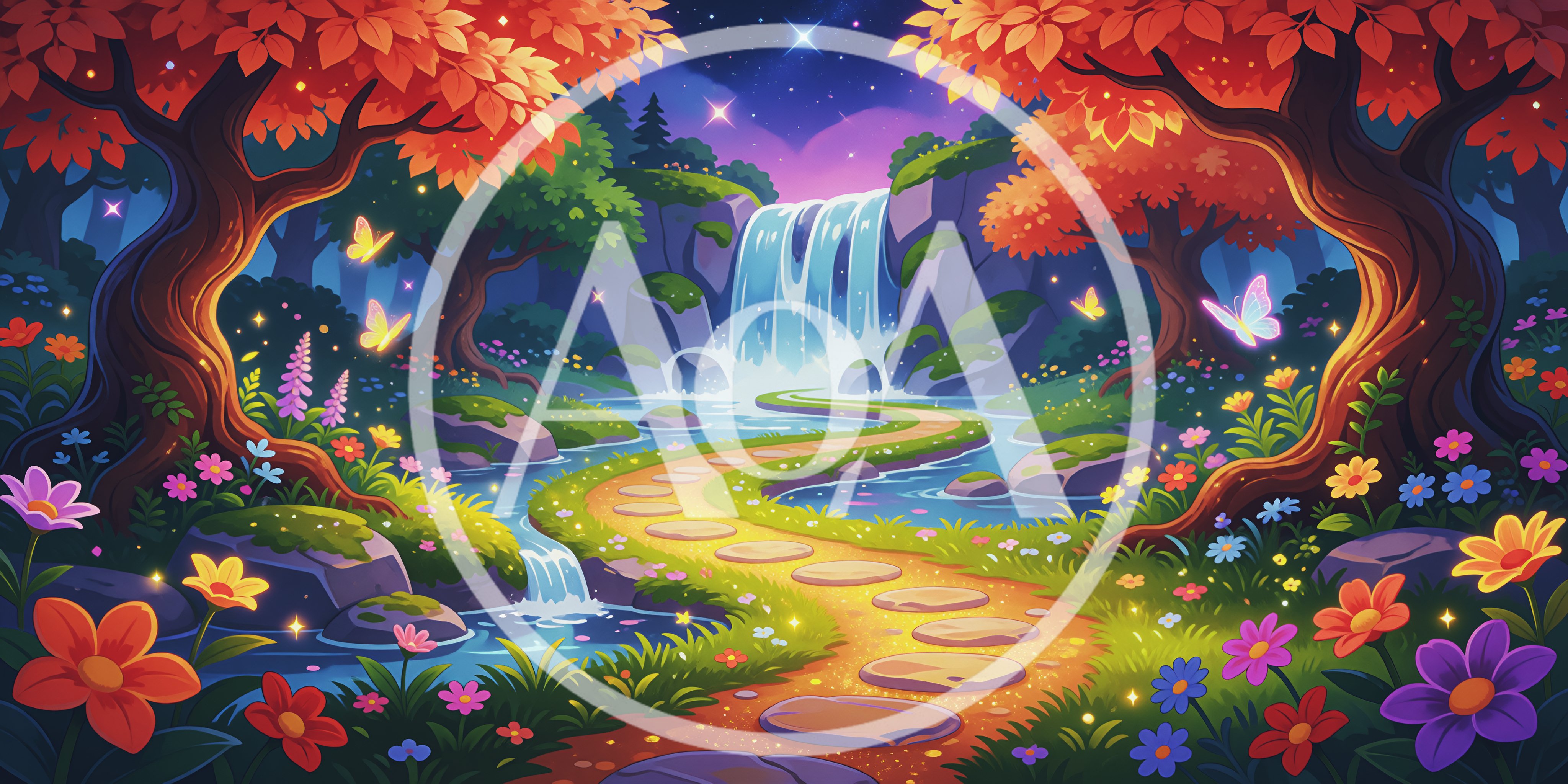 Enchanted Forest Path With Waterfall And Glowing Butterflies